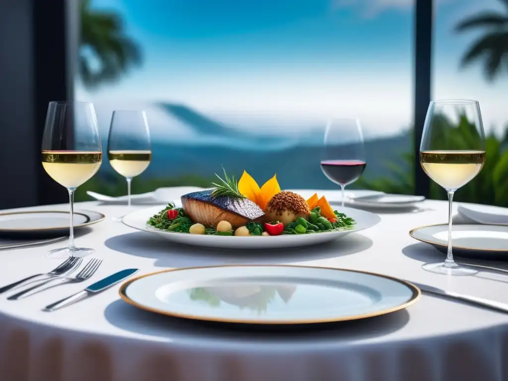 Una mesa elegante con platos veganos y vinos de Oceanía