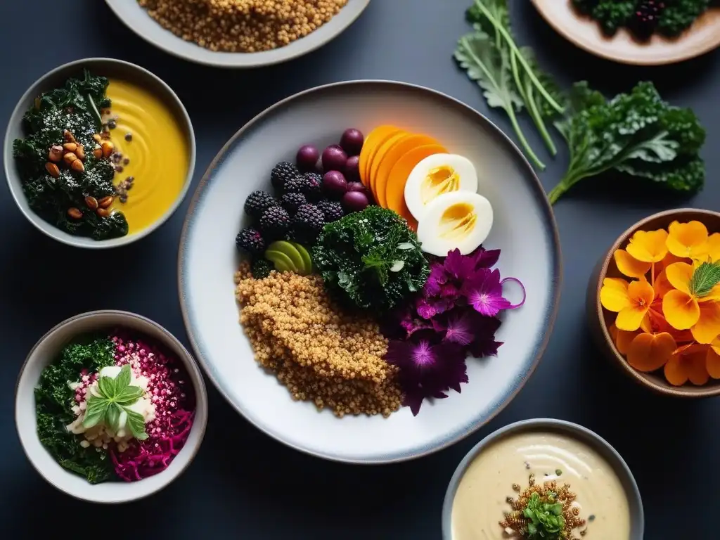 Una mesa elegante con recetas cenas veganas desintoxicantes: ensalada de kale y quinoa, verduras asadas y smoothie de acai