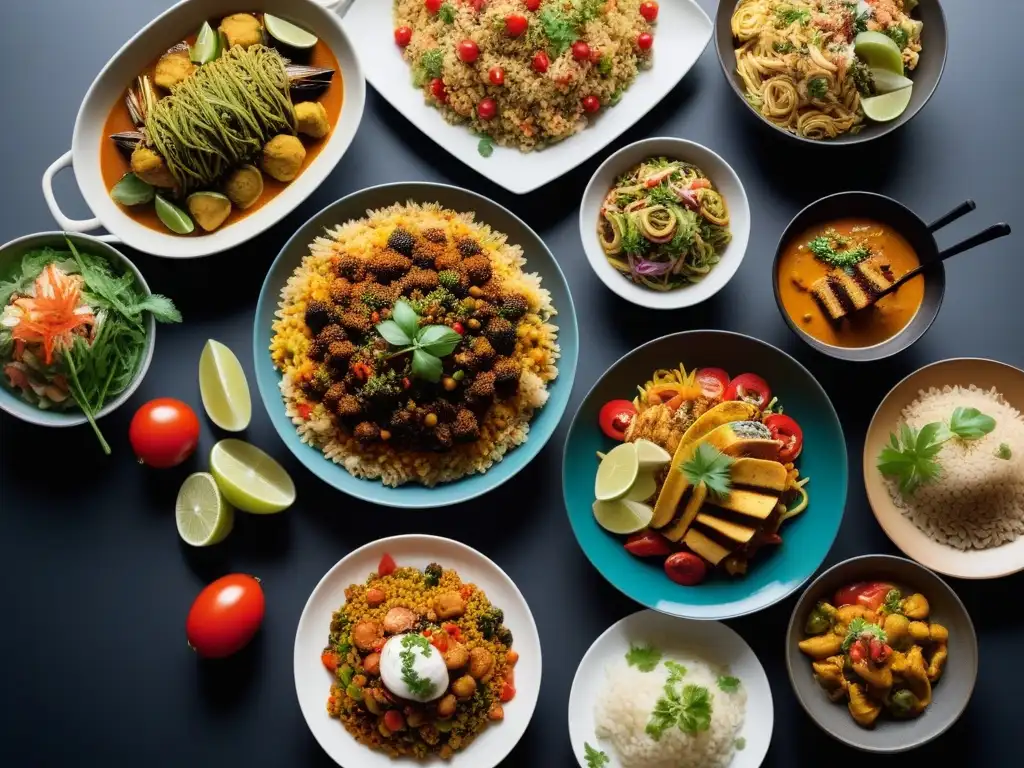 Una mesa elegante con recetas veganas sin aceite viaje, platos coloridos de paella, sushi, curry, tacos y pasta