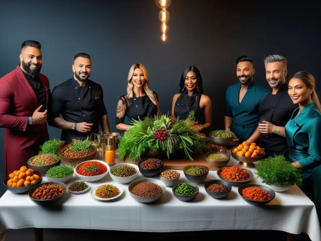 Una mesa elegante repleta de coloridos platos veganos presentados por chefs veganos internacionales, que disfrutan de una animada conversación