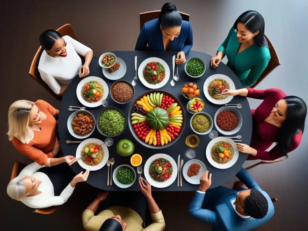 Una mesa elegante repleta de comida vegana colorida y diversa, rodeada de personas de distintas edades y etnias