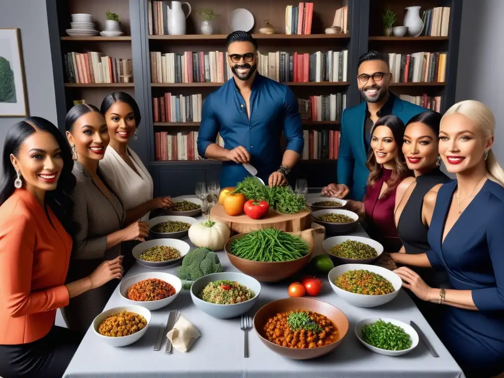 Una mesa elegante repleta de platos veganos artísticos, rodeada de libros cocina vegana influentes