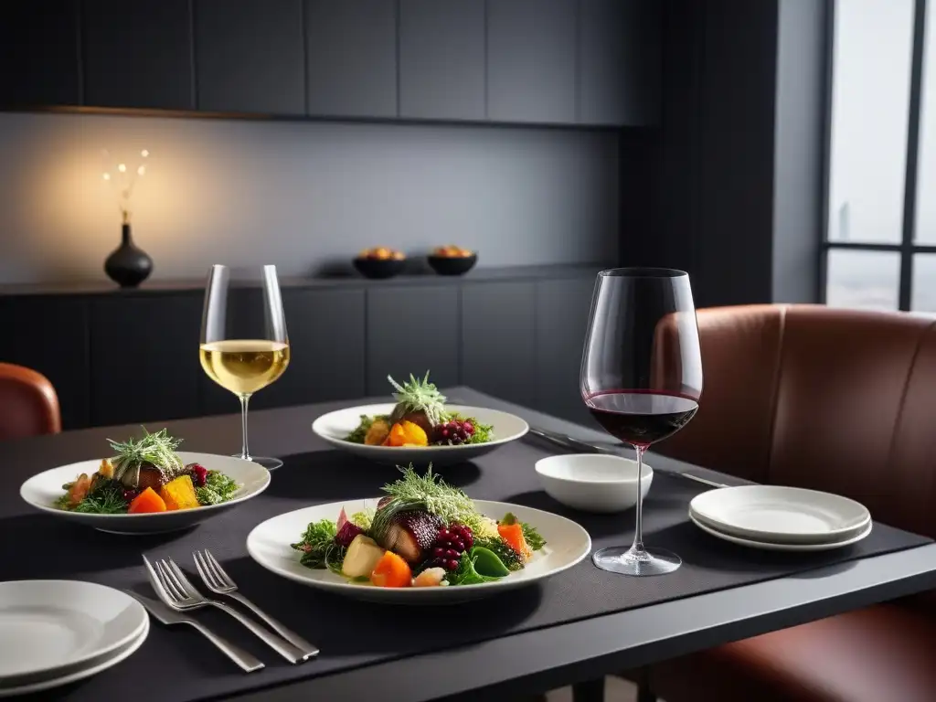 Una mesa elegante con vajilla minimalista y platos veganos coloridos maridados con vinos veganos en copas contemporáneas