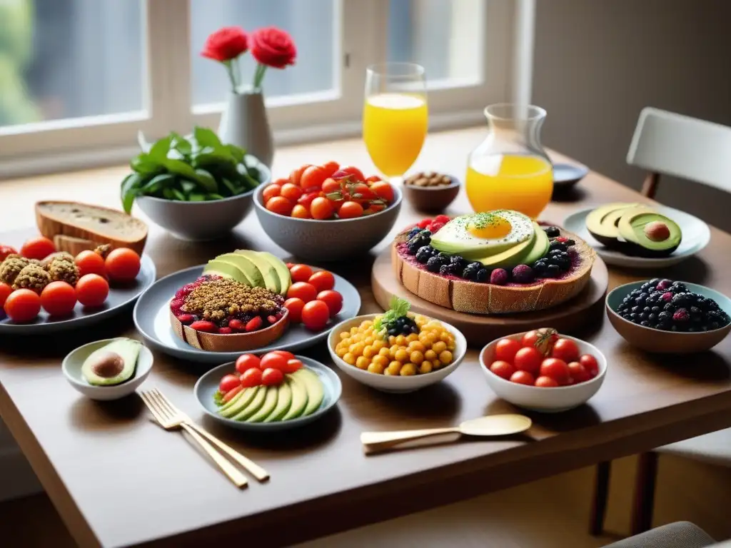 Una mesa elegante con variadas y coloridas recetas brunch vegano deliciosas de todo el mundo, decorada con flores frescas y platos apetitosos