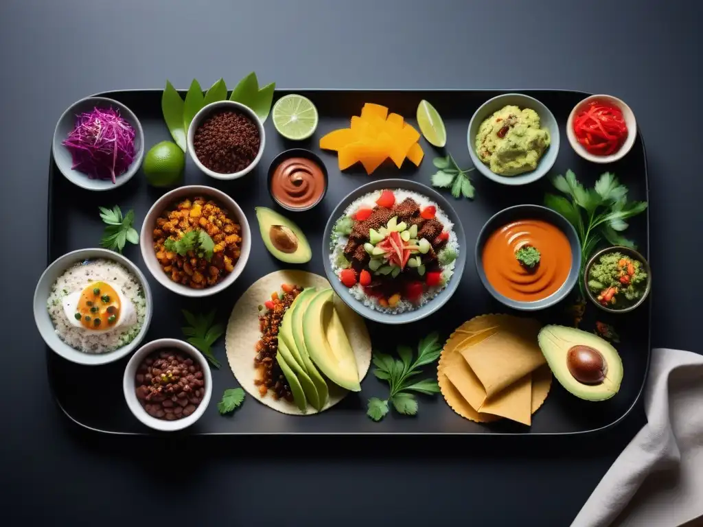 Una mesa elegante con variedad de platos veganos fusiones culinarias exquisitas