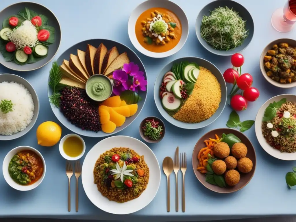Exquisita fiesta vegana: colores y sabores vibrantes en una mesa moderna Una mesa elegante con una vibrante y exótica fiesta vegana, platos veganos exóticos aplicaciones