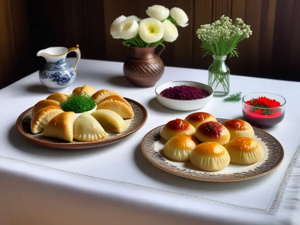 Una mesa eslava vegana con borscht, pierogi, rolls y piroshki, decorada con hierbas frescas y flores comestibles