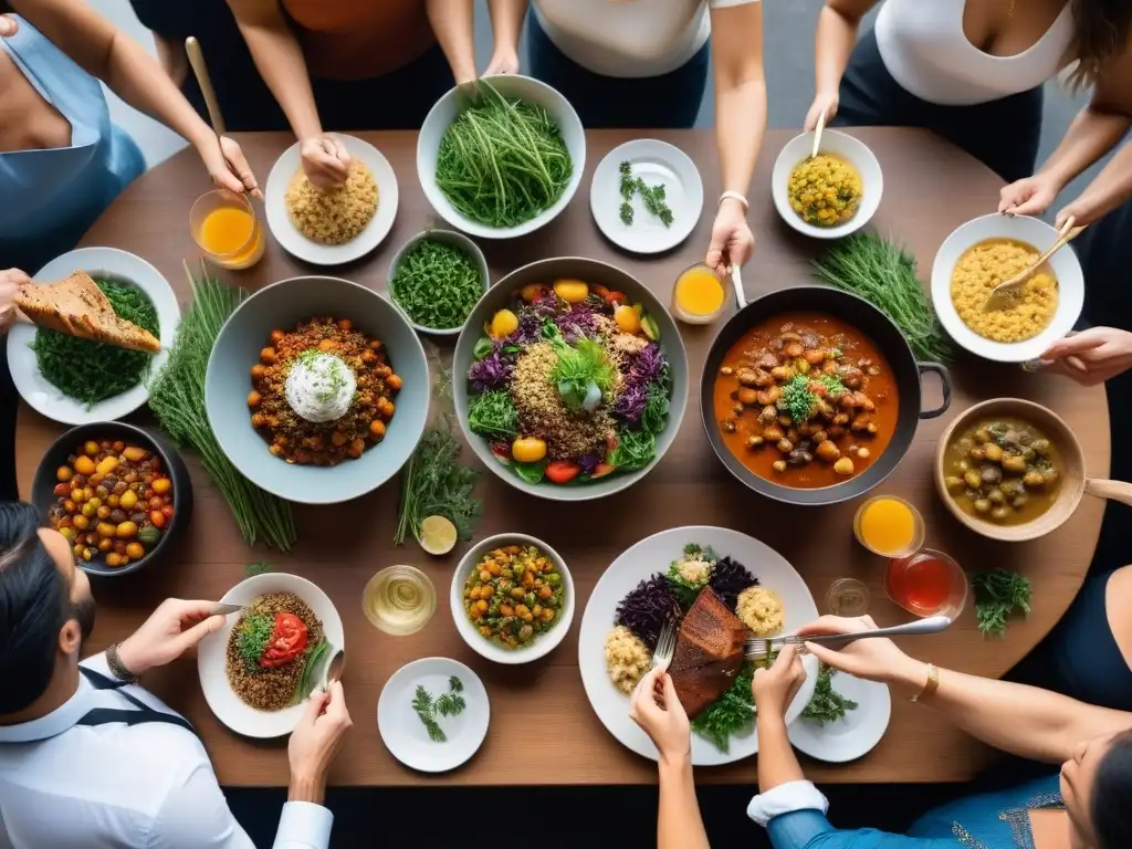 Una mesa familiar con platos veganos coloridos y variados, rodeada de personas sonrientes