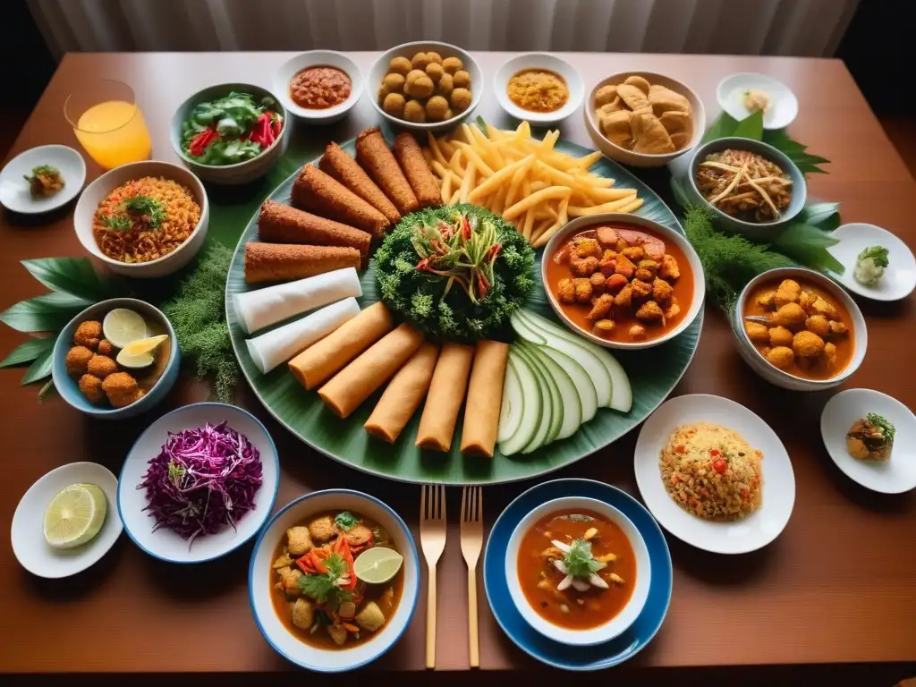 Delicioso banquete vegano asiático para celebraciones Una mesa festiva y colorida con deliciosa comida vegana para celebraciones en Asia, rodeada de decoración tradicional y flores exóticas