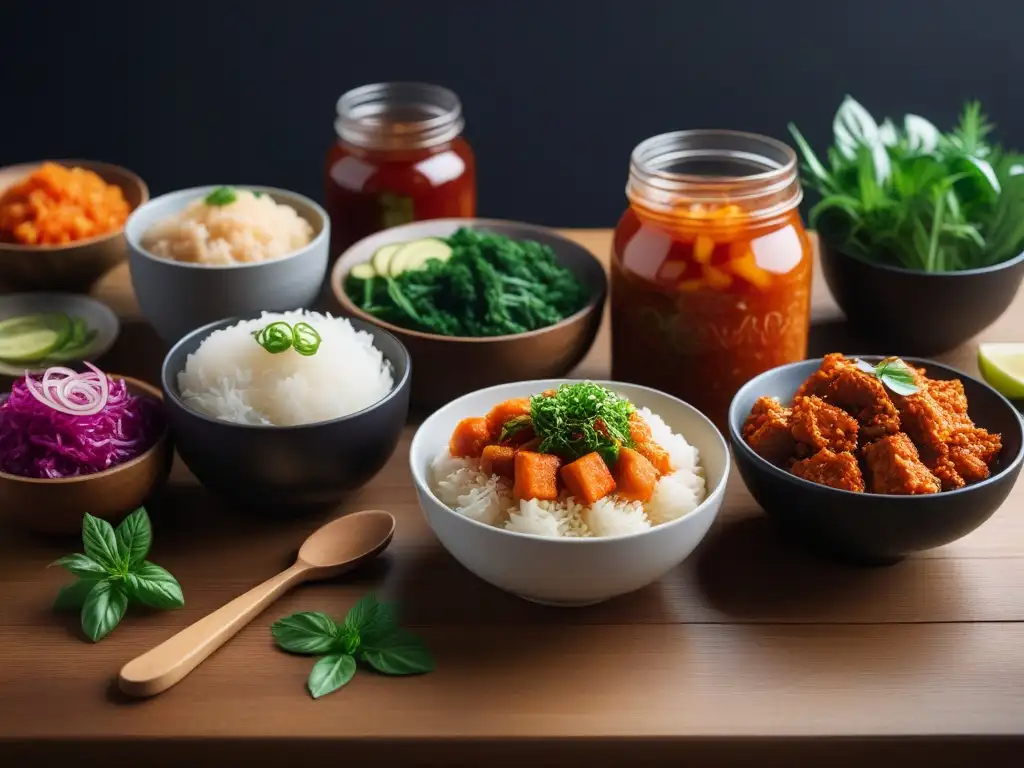 Una mesa llena de alimentos fermentados veganos, como kimchi y kombucha, en un ambiente fresco y moderno