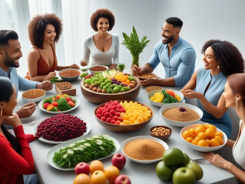 Una mesa llena de alimentos veganos variados, personas sonrientes y saludables conversando