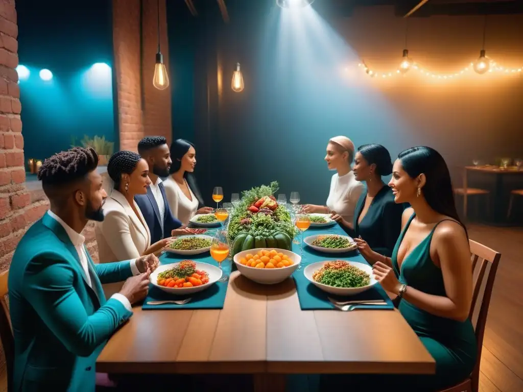 Una mesa llena de coloridas frutas, verduras y platillos veganos, donde personas diversas disfrutan juntas