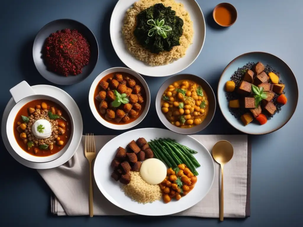 Una mesa llena de coloridas y vibrantes recetas veganas tradicionales sin alérgenos, presentadas con elegancia y frescura