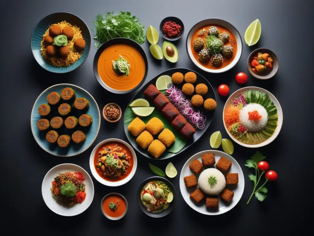 Una mesa llena de coloridos platos veganos de diversas culturas, como sushi, falafel, curry y tacos