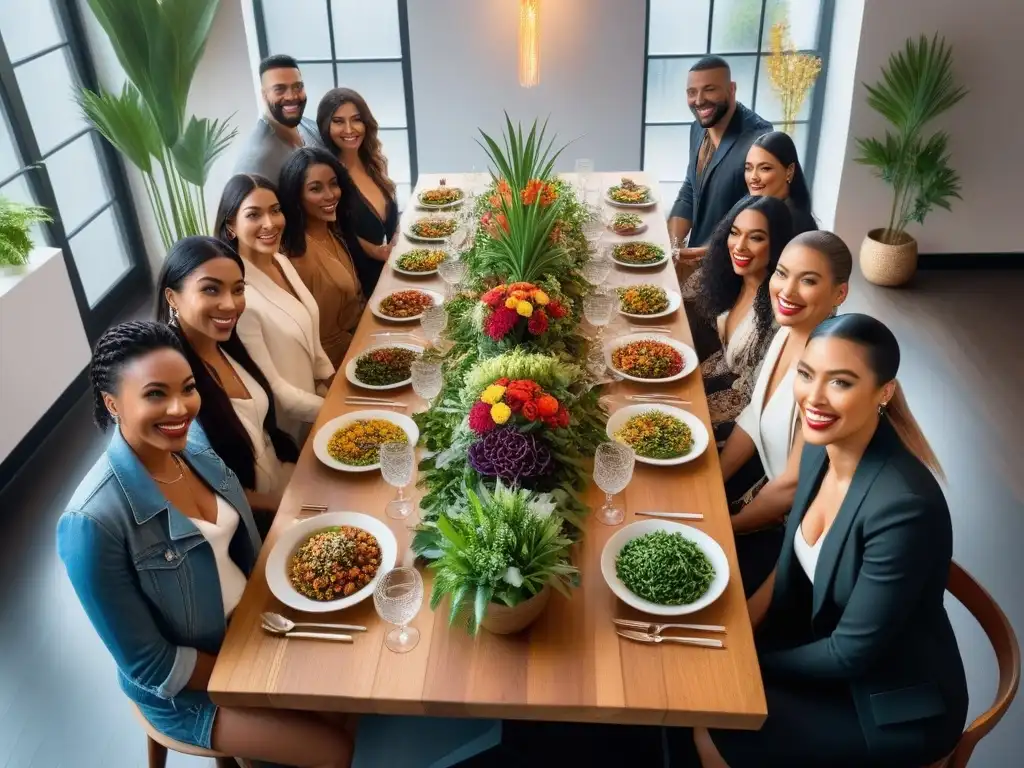 Una mesa llena de comida vegana colorida, rodeada de gente de diferentes culturas compartiendo risas y momentos