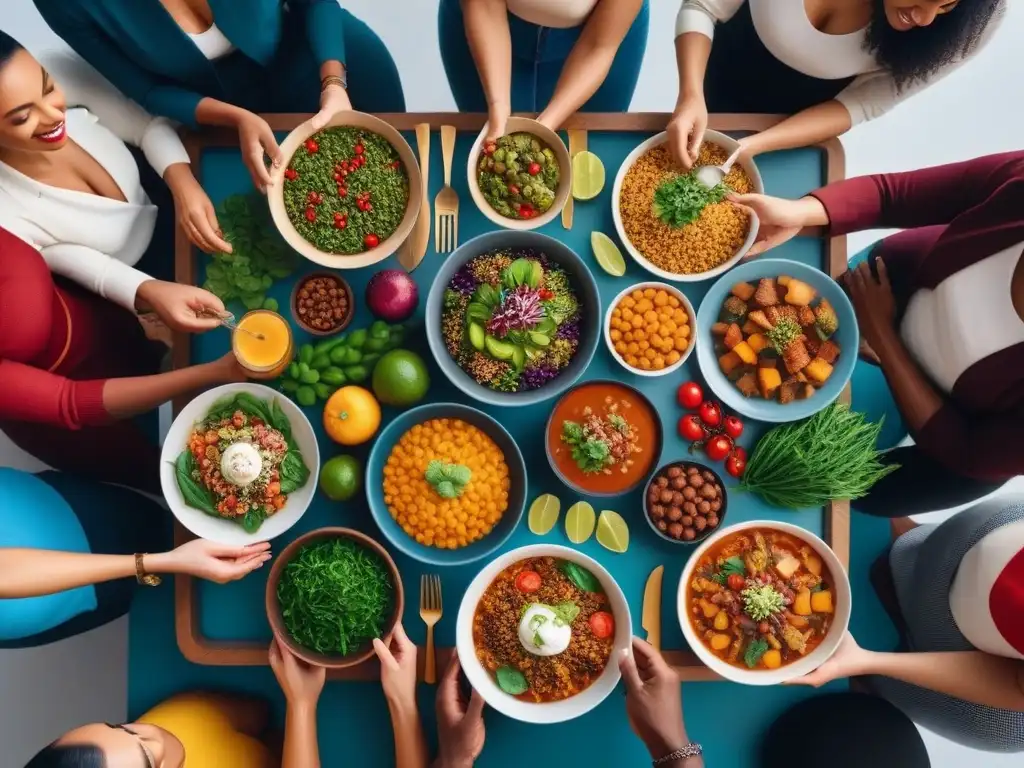 Una mesa llena de comida vegana colorida y nutritiva, donde personas de diferentes edades y etnias comparten en armonía