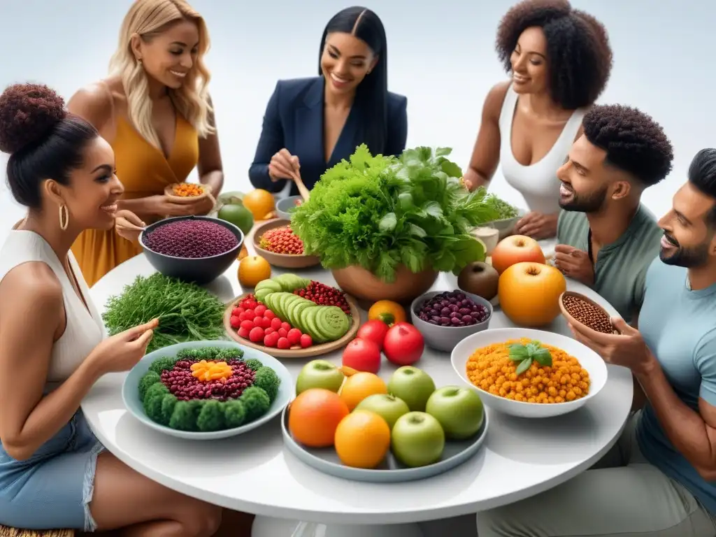 Una mesa llena de comida vegana colorida y nutritiva, rodeada de personas diversas en una escena de colaboración y aprendizaje