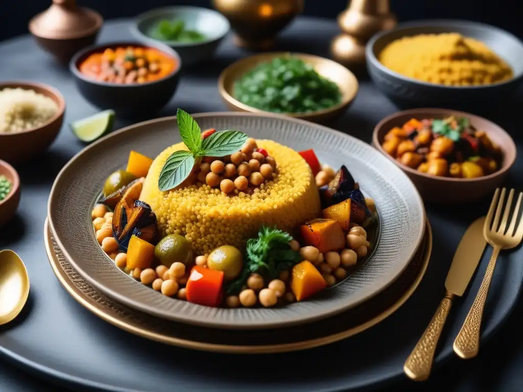 Una mesa llena de delicias: Tajín vegano marroquí receta fácil con couscous, guiso de garbanzos, verduras asadas y salsas de hierbas