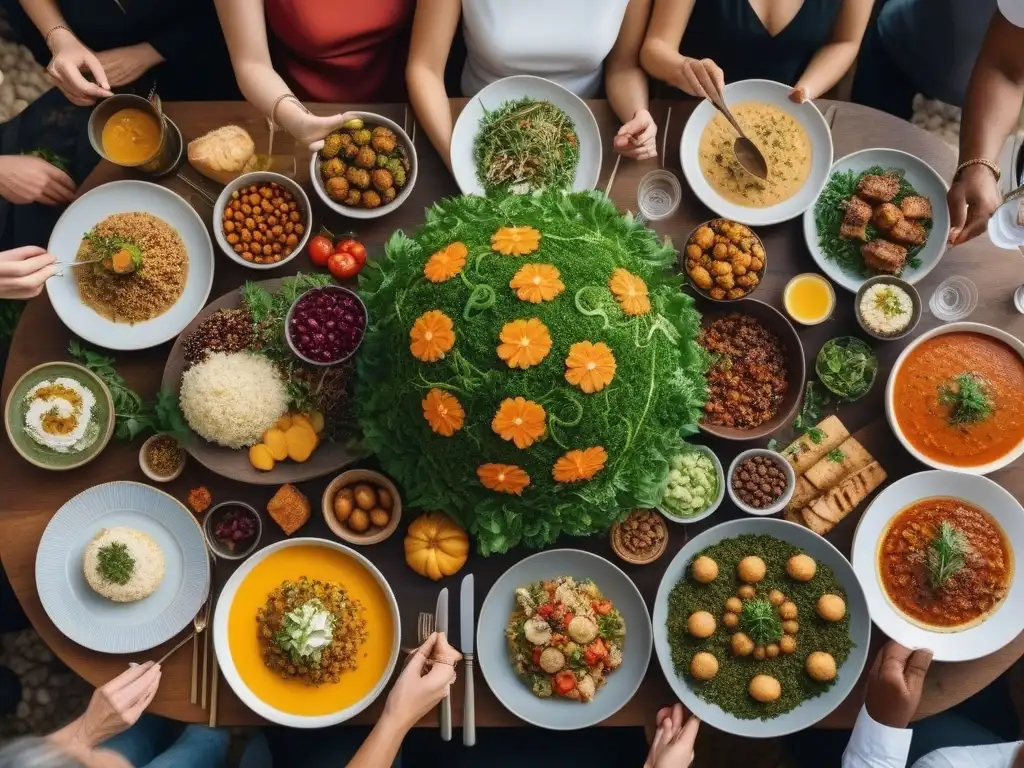 Una mesa llena de delicias veganas, rodeada de gente diversa disfrutando de una comida en comunidad