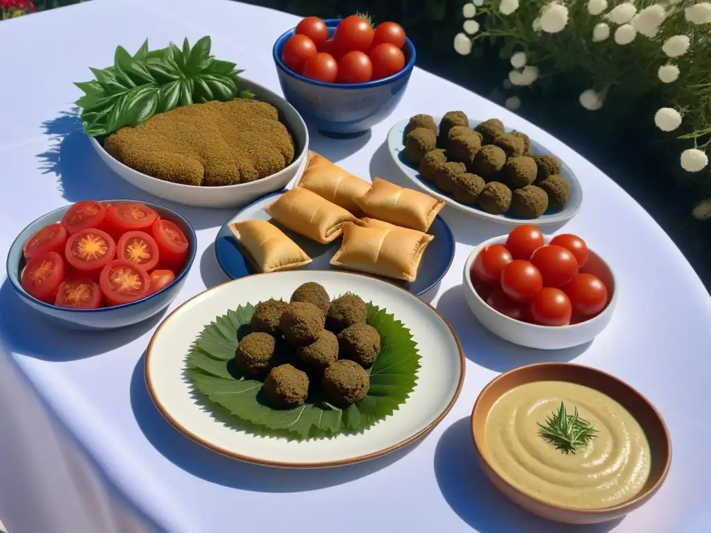 Una mesa llena de delicias veganas griegas rodeada de flores vibrantes y decoración mediterránea, evocando retiros veganos de lujo en Grecia