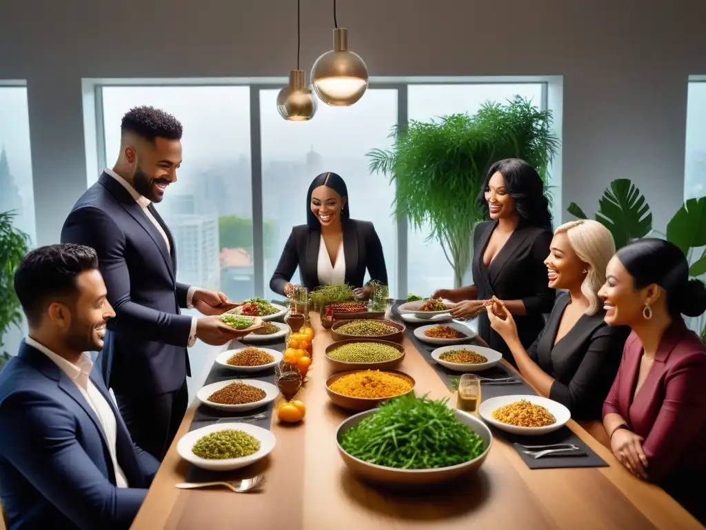 Una mesa llena de delicias veganas reúne a personas diversas en una cocina moderna, uniendo comunidades mundiales