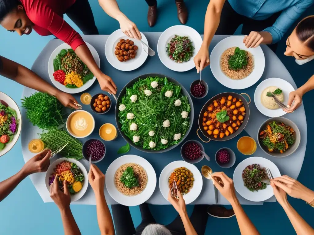 Una mesa llena de deliciosas y coloridas opciones veganas, rodeada de gente sonriente de diferentes edades y etnias