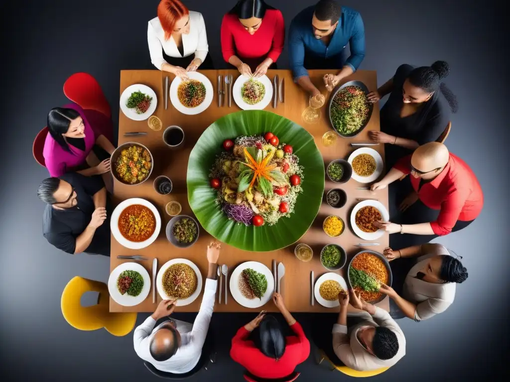 Una mesa llena de deliciosos platillos veganos de todo el mundo, en un restaurante moderno y acogedor