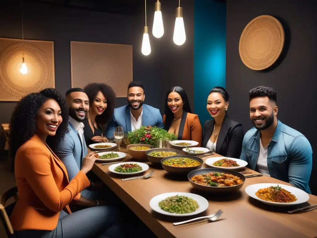 Una mesa llena de platos coloridos de diversas culturas, personas felices disfrutando una comida vegana