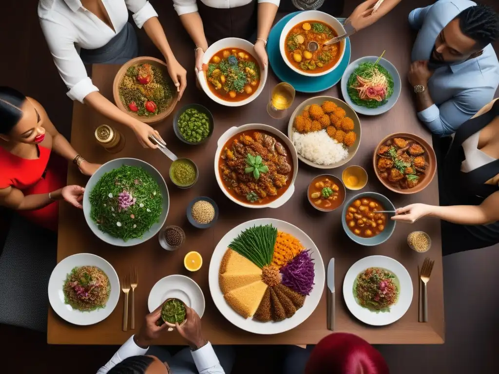 Una mesa llena de platos veganos coloridos, personas diversas conversando, en una atmósfera cálida de Cocina Soul Vegana Profunda