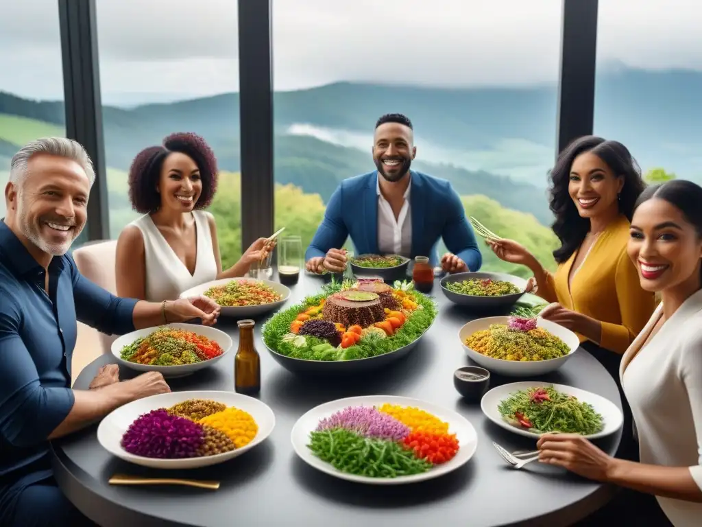 Una mesa llena de platos veganos coloridos y nutritivos, rodeada de personas de diferentes edades y etnias sonrientes