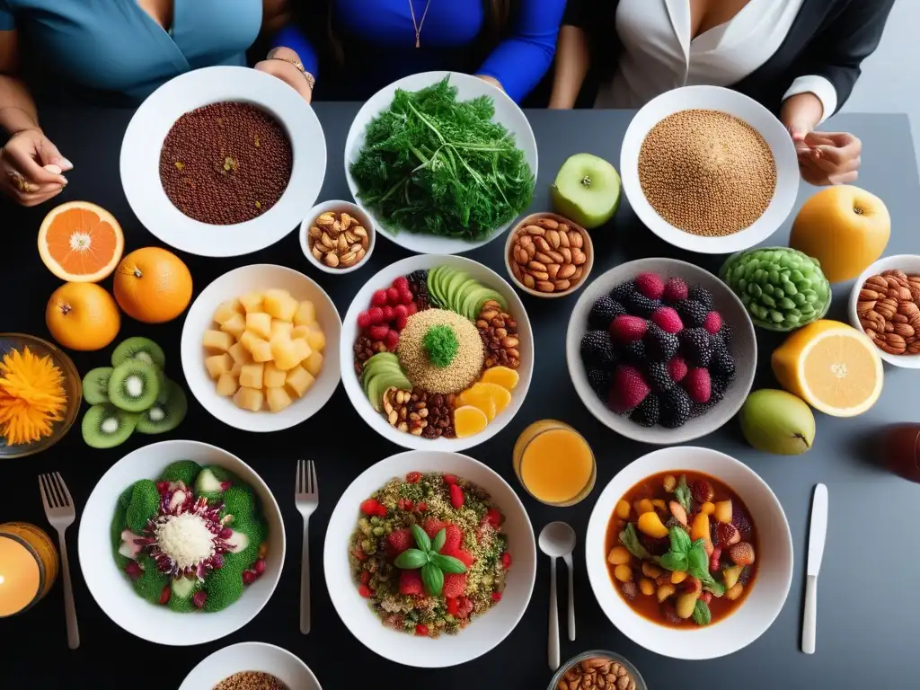 Una mesa llena de platos veganos coloridos y variados, iluminada por luz natural