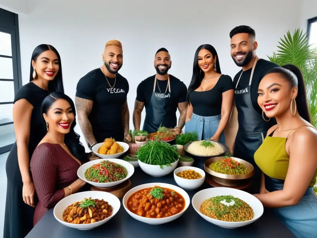 Una mesa llena de platos veganos coloridos y deliciosos, rodeada de personas diversas