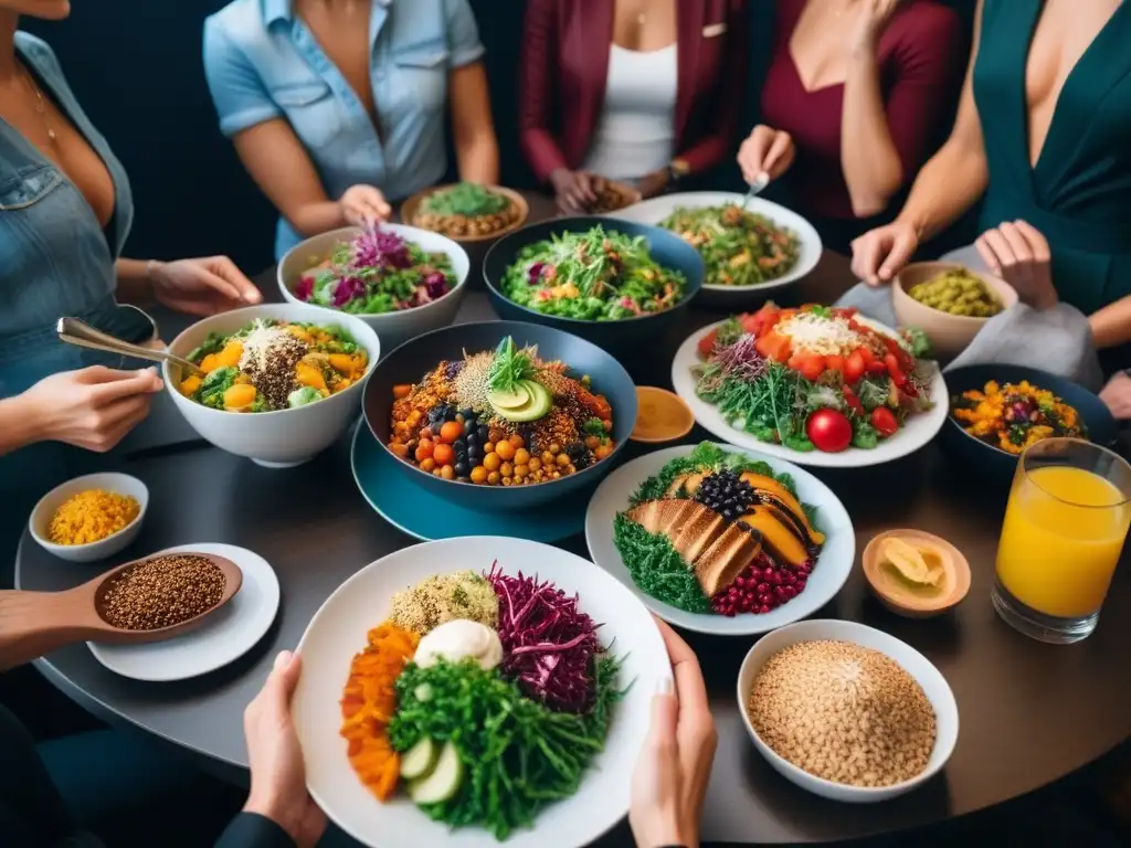 Una mesa llena de platos veganos coloridos y deliciosos en una cocina moderna, donde revistas veganas inspiran cambio culinario