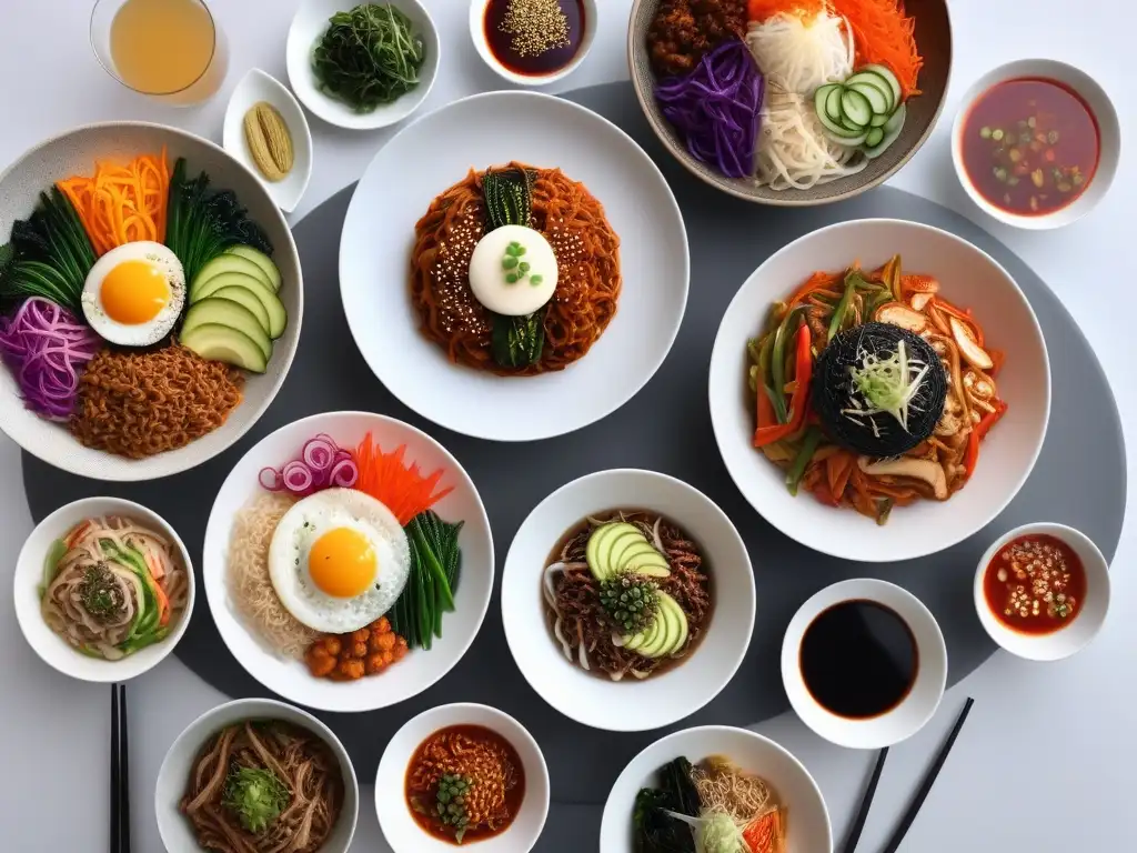 Delicias veganas coreanas: mesa colorida y llena de sabor Una mesa llena de platos veganos coreanos deliciosos en un ambiente moderno y vibrante