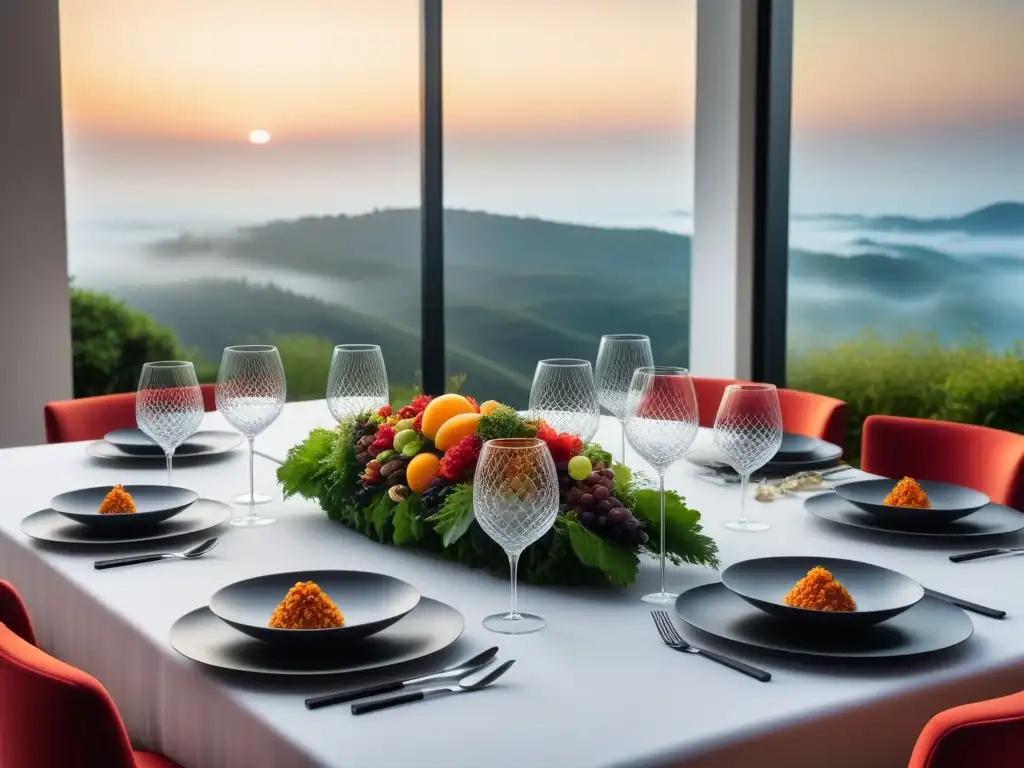 Una mesa lujosa con maridajes de vinos veganos y exquisitos platillos, en un ambiente refinado y elegante