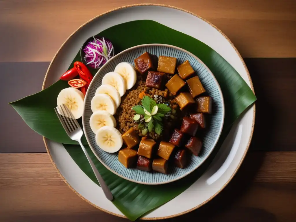 Una mesa de madera con elegantes platos de cocina vegana filipina recetas, decorada con hojas de plátano y hierbas frescas