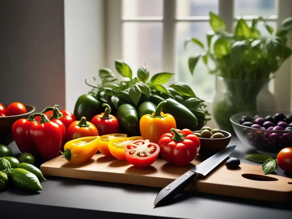 Una mesa de madera con ingredientes frescos y utensilios de cocina, iluminada por el sol