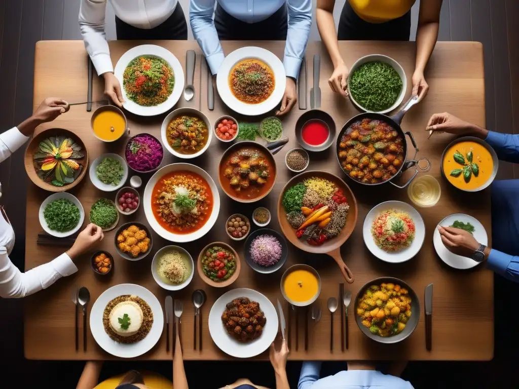 Una mesa de madera larga con platos veganos coloridos, utensilios tradicionales y ingredientes, fusionando recetas tradicionales con cocina vegana