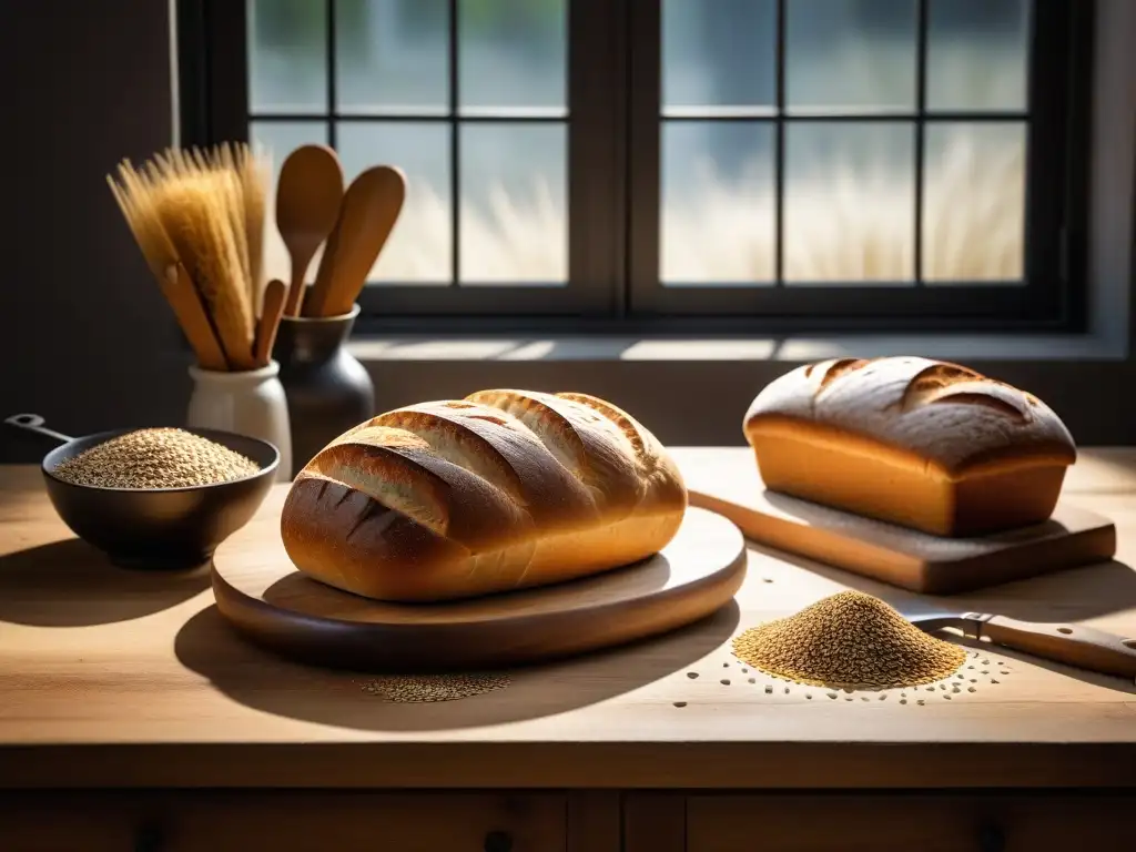 Una mesa de madera rústica con pan crujiente vegano recién horneado y herramientas de panadería artesanales, iluminada por luz natural cálida