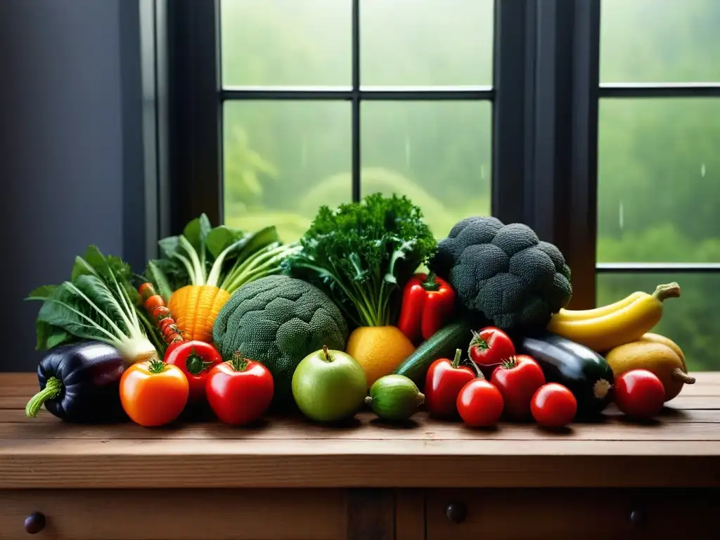 Una mesa de madera con una variedad de frutas y verduras orgánicas recién cosechadas, resplandecientes y frescas bajo la luz natural