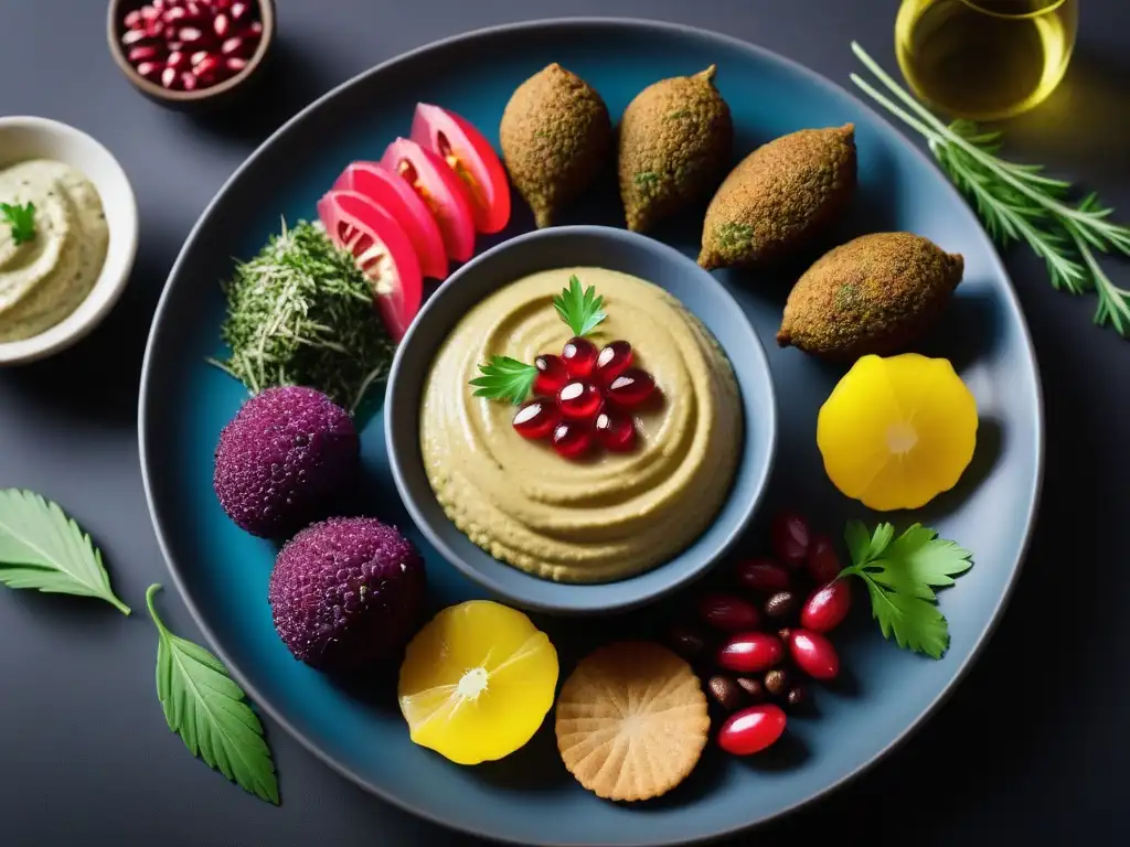 Una mesa moderna y colorida repleta de delicias veganas de Medio Oriente como hummus, falafel y tabbouleh