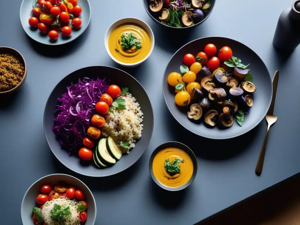 Una mesa moderna con deliciosos platillos veganos coloridos en un elegante entorno