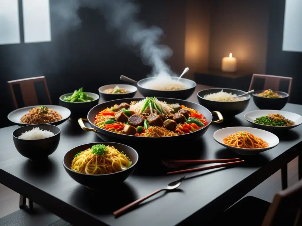 Una mesa moderna llena de delicias veganas mongolas, como stirfry de verduras, dumplings de tofu y sopa de fideos