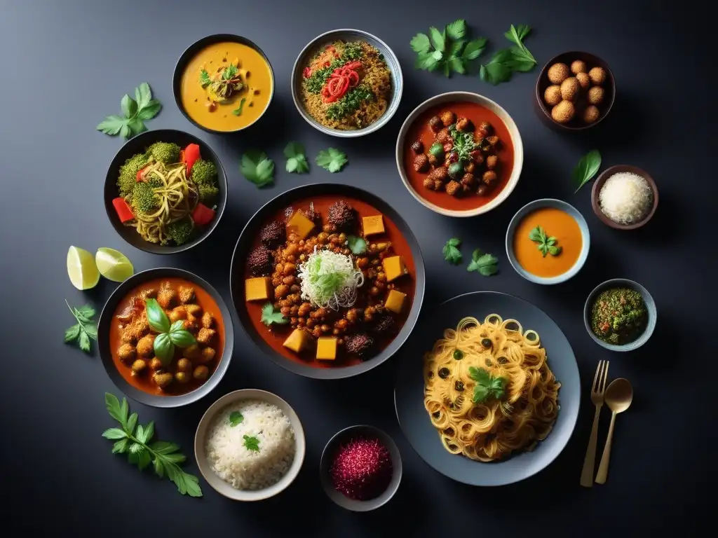 Una mesa moderna con una variedad de platos veganos de todo el mundo, representando la diversidad culinaria