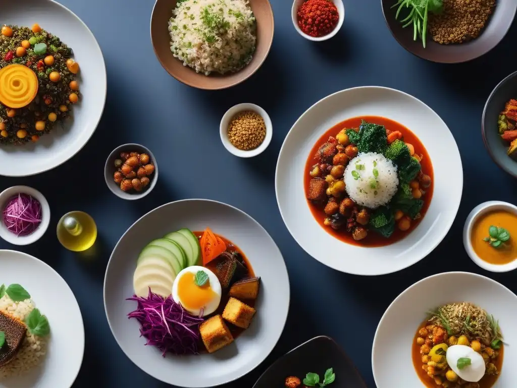 Una mesa moderna con una variedad de platos veganos coloridos de diferentes partes del mundo, destacando la diversidad culinaria