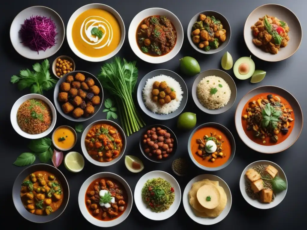 Delicias veganas del mundo: un festín multicultural en 8k Una mesa moderna con una variedad vibrante de platillos veganos de todo el mundo