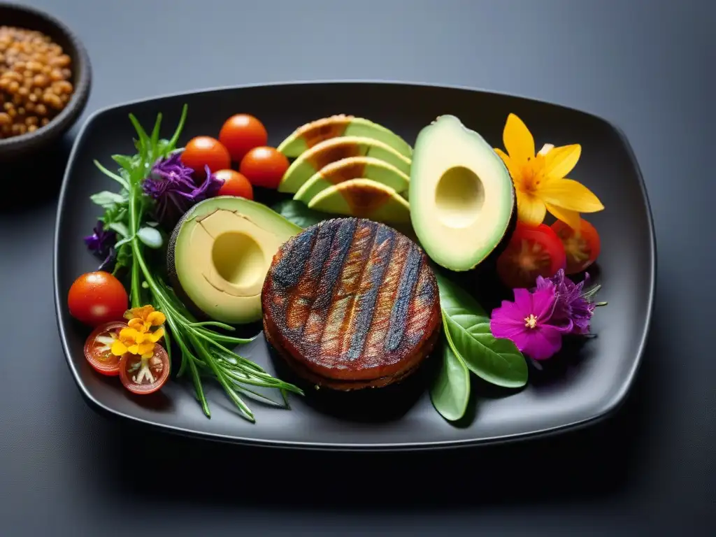 Una mesa moderna y vibrante con deliciosos platillos veganos, reflejando las tendencias gastronomía vegana plant-based