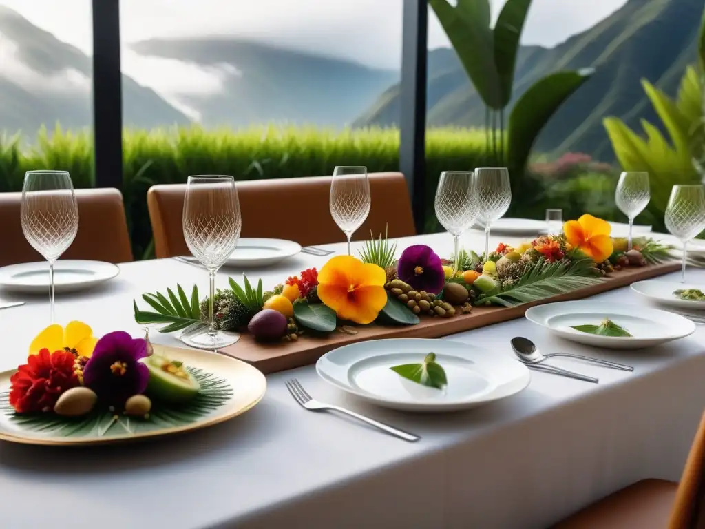 Una mesa exquisitamente montada en un lujoso retiro vegano en Perú, con platos vibrantes rodeados de vegetación tropical