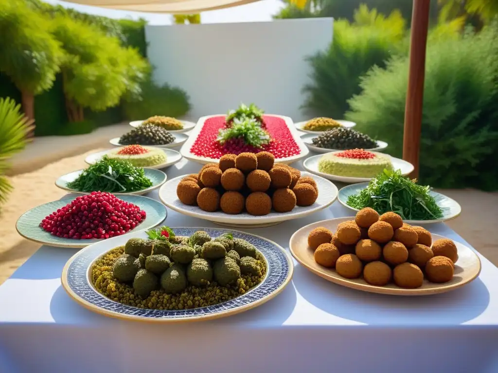 Una mesa de mosaico con platillos veganos mediorientales, decorada con hierbas frescas y semillas de granada bajo un dosel de vegetación exuberante