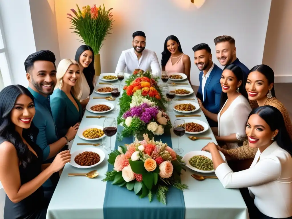 Una mesa multicultural con comida vegana de varios países, personas sonrientes y conversaciones animadas